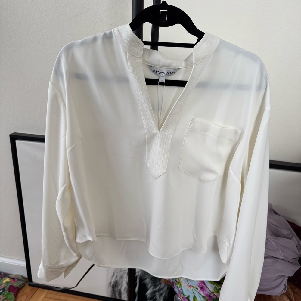 Veronica Beard Cream Blouse with V-Neck